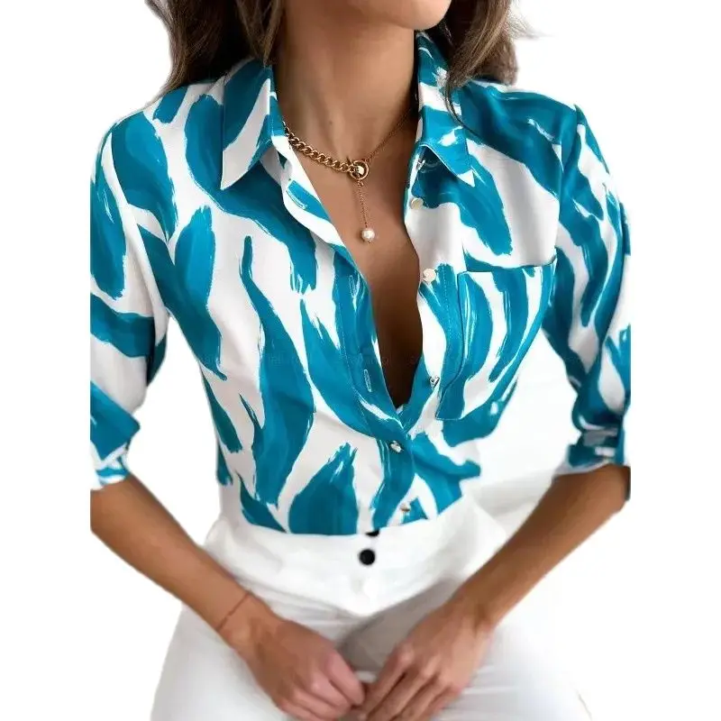 

Женская шифоновая блузка на пуговицах, приталенная офисная рубашка с длинным рукавом и отложным воротником, с цветочным принтом, весна 2024