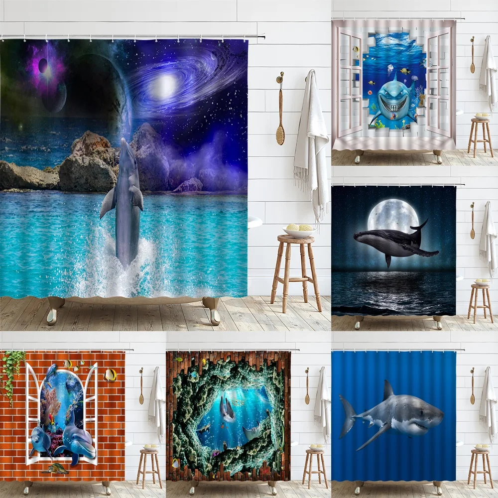 

Funny Dolphin Shark Shower Curtain Ocean Seabed Tropical Fish Scenery Marine Animal Cloth Bathroom Decor Bath Curtains With Hook
