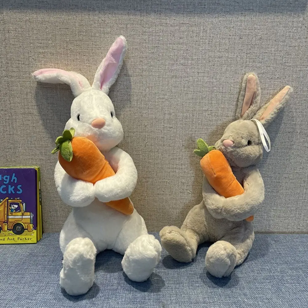 

New Easter Day Cute Sitting Bunny Hugging Carrot White Grey Simulated Rabbit Doll Gifts for Kids 2024 Spring Easter Party Decor