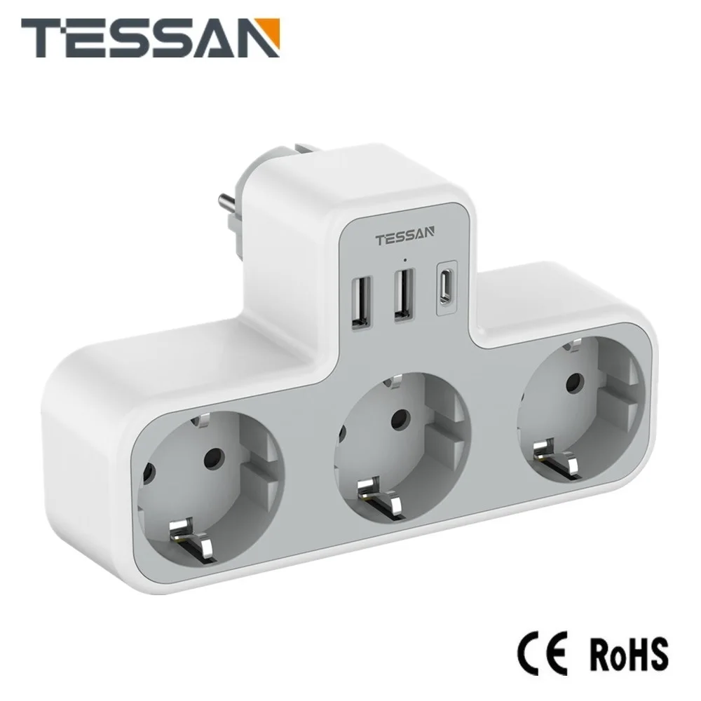 

TESSAN EU Wall Socket Extender Adapter with 3 AC Outlets 2 USB Ports and 1 Type C, 6 in 1 Multiple Plug Power Strip for Home