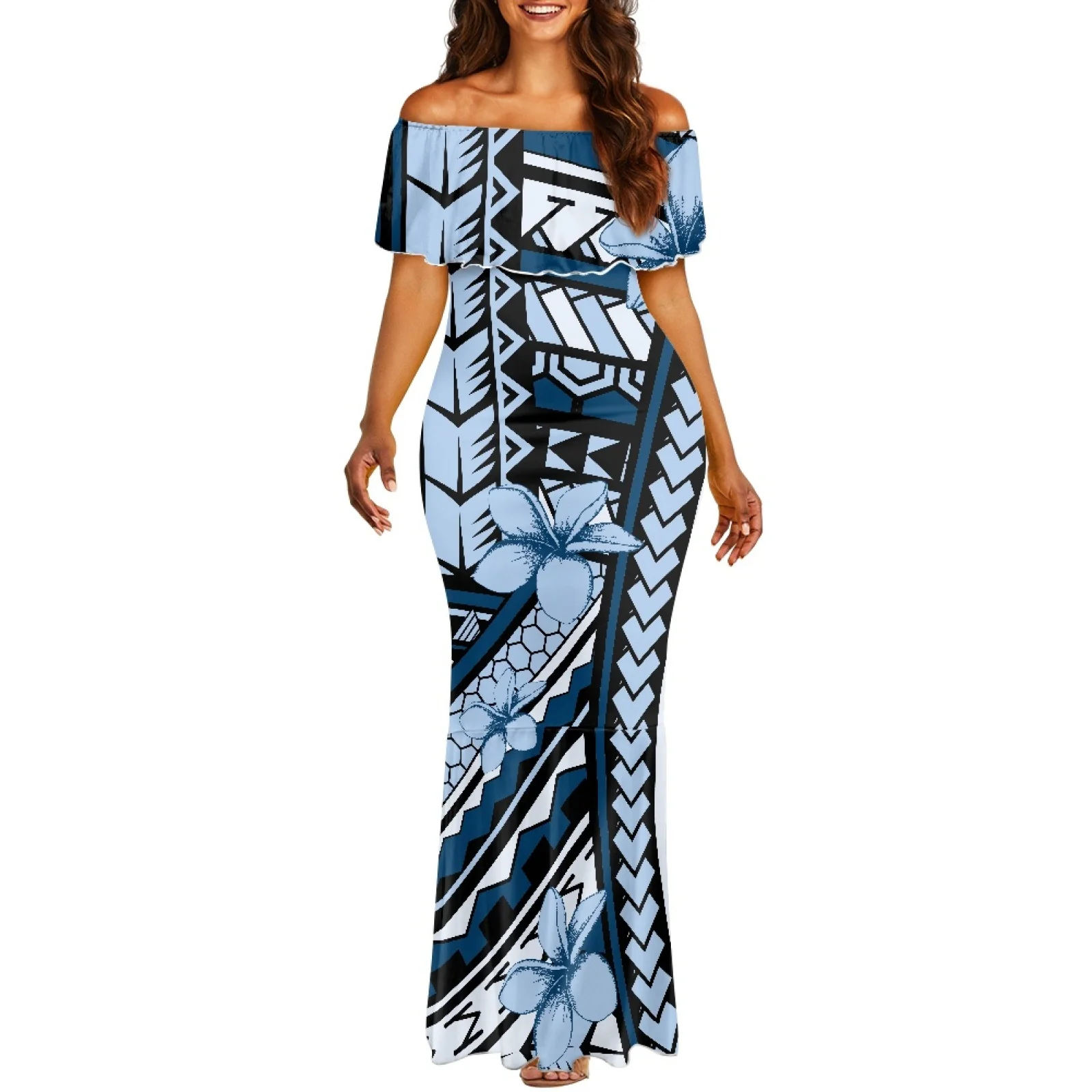 

Formal Occasion Party Women's Short Sleeve Fishtail Dress Hawaii Summer One-Shoulder Hawaiian Tattoos Print Beach Dress