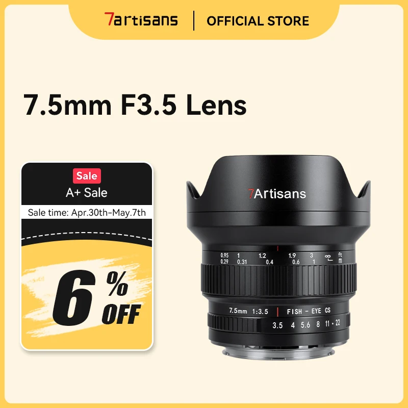 

7artisans 7.5mm F3.5 Manual Focus APS-C 205° Ultra Wide-Angle Fisheye Lens For Canon EOS Rebel T7 Nikon F D750 D90 DSLR Cameras