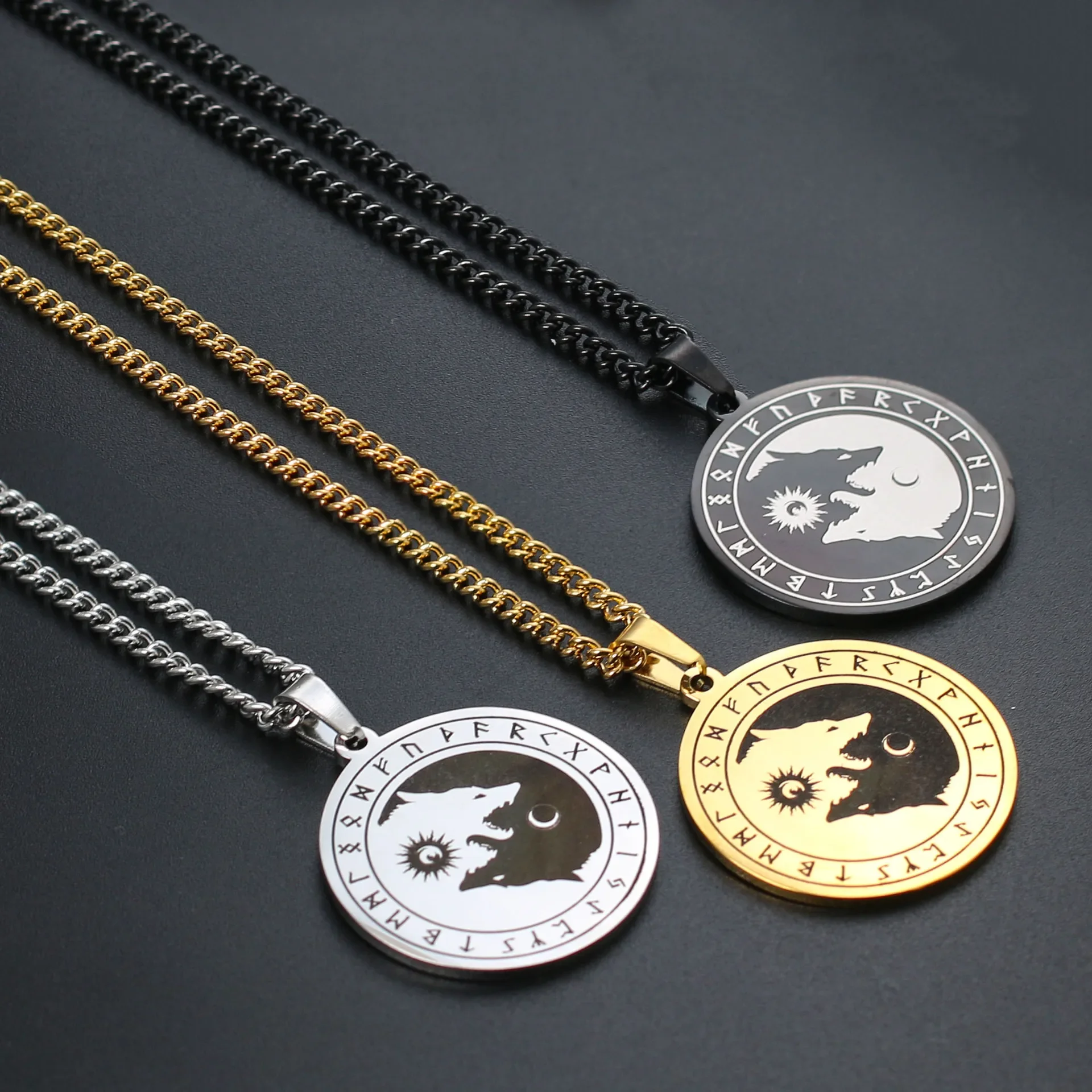 Retro Viking Logo Stainless Steel Necklace Odin Wolf Sun Moon Rune Pendant
Retro Viking Logo Stainless Steel Necklace Odin Wolf Sun Moon Rune Pendant