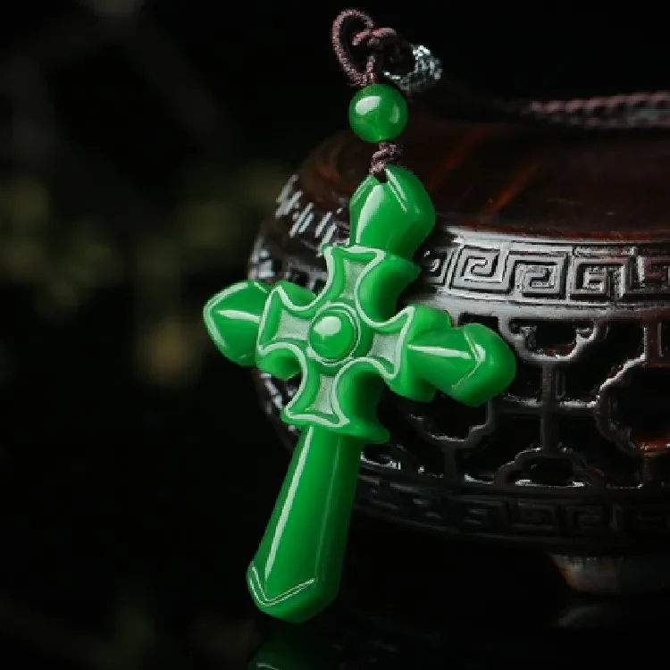 

Chinese Natural Green Jade Jesus Cross Pendant Necklace Hand-carved Charm Jadeite Jewelry Fashion Luck Amulet Gifts Men Women