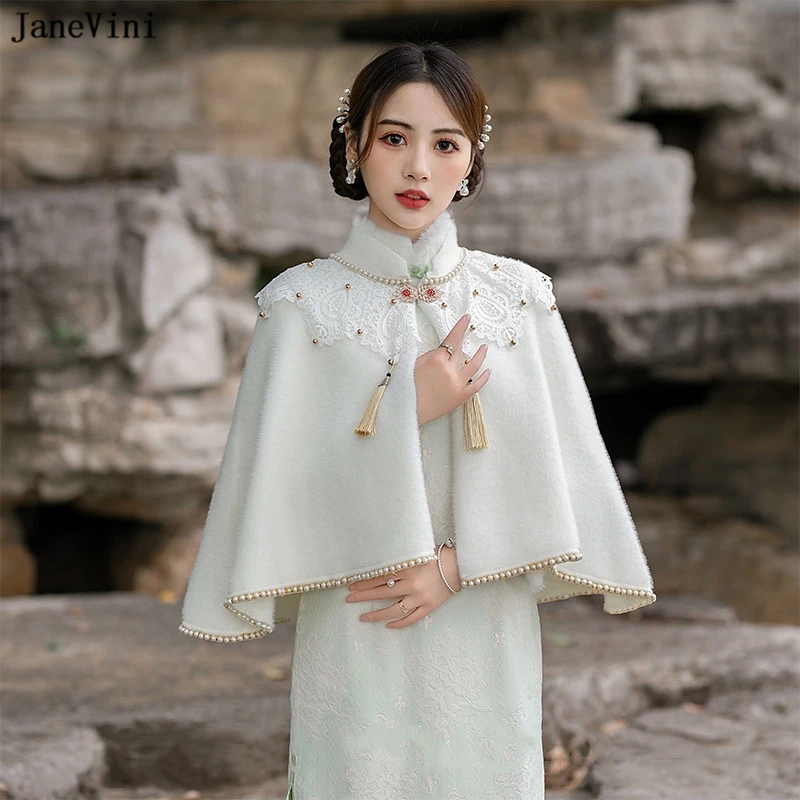 

JaneVini Luxury Chinese Bridal Bolero Faux Fur Wraps Winter Prom Coat Shawls Outerwear Ivory Shrug Cloak Wedding Cape for Bride