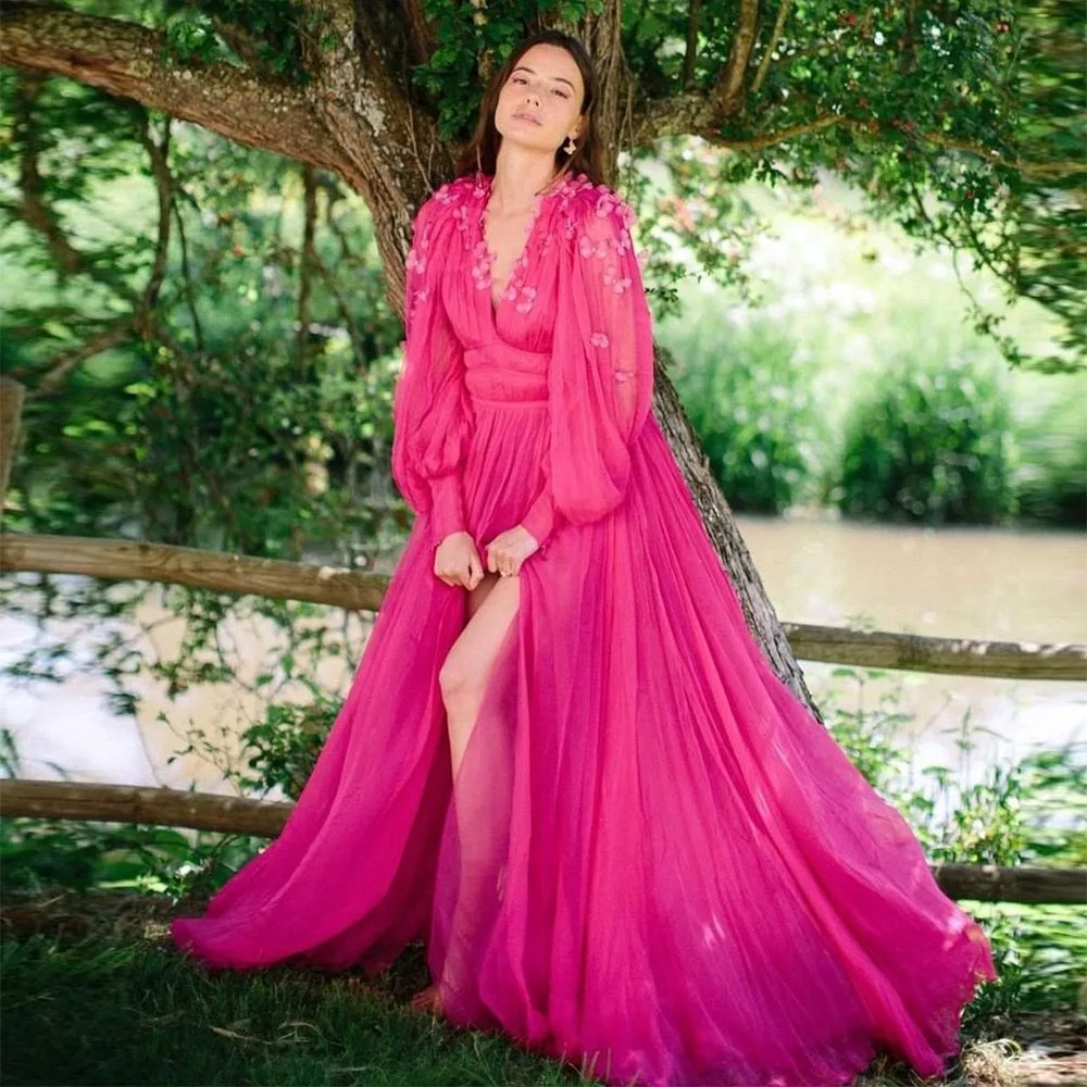 Elegant Butterfly Tulle Prom Dresses 3D Flowers Long Sleeves V-Neck High Side Split Evening Gown Formal Party Dress
Elegant Butterfly Tulle Prom Dresses 3D Flowers Long Sleeves V-Neck High Side Split Evening Gown Formal Party Dress