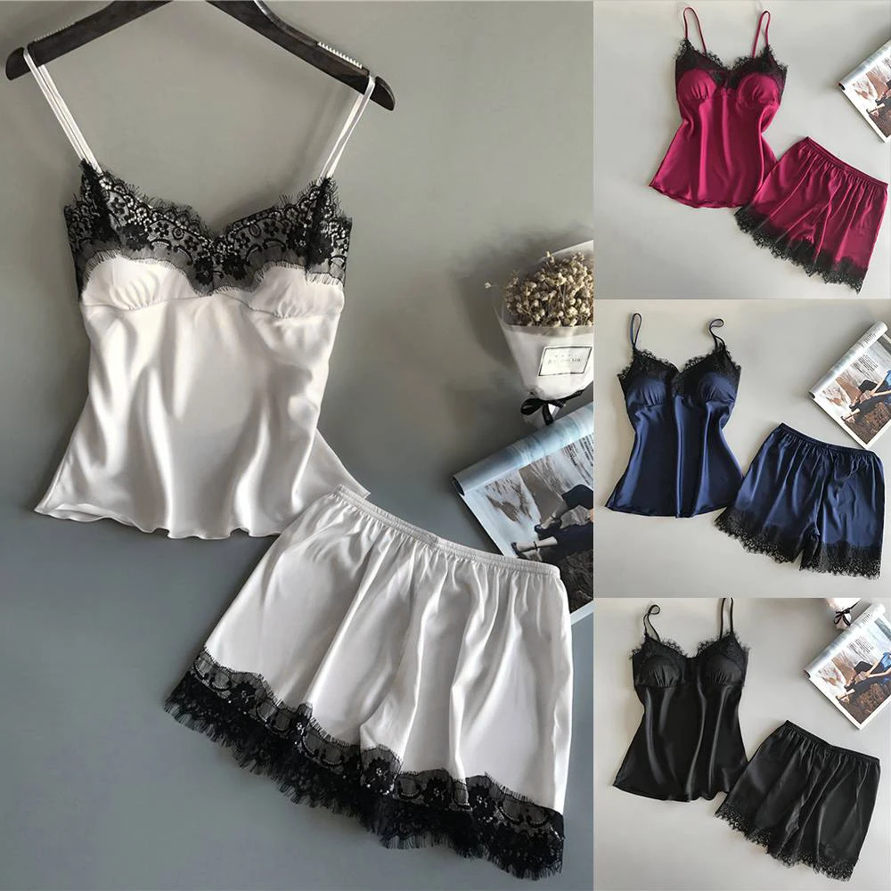 

Women Sexy Silk V-Neck Cami Vest Shorts Lace Trim Lingerie Sleepwear Pajamas Teddy Leotard Loungewear Outfits Sets