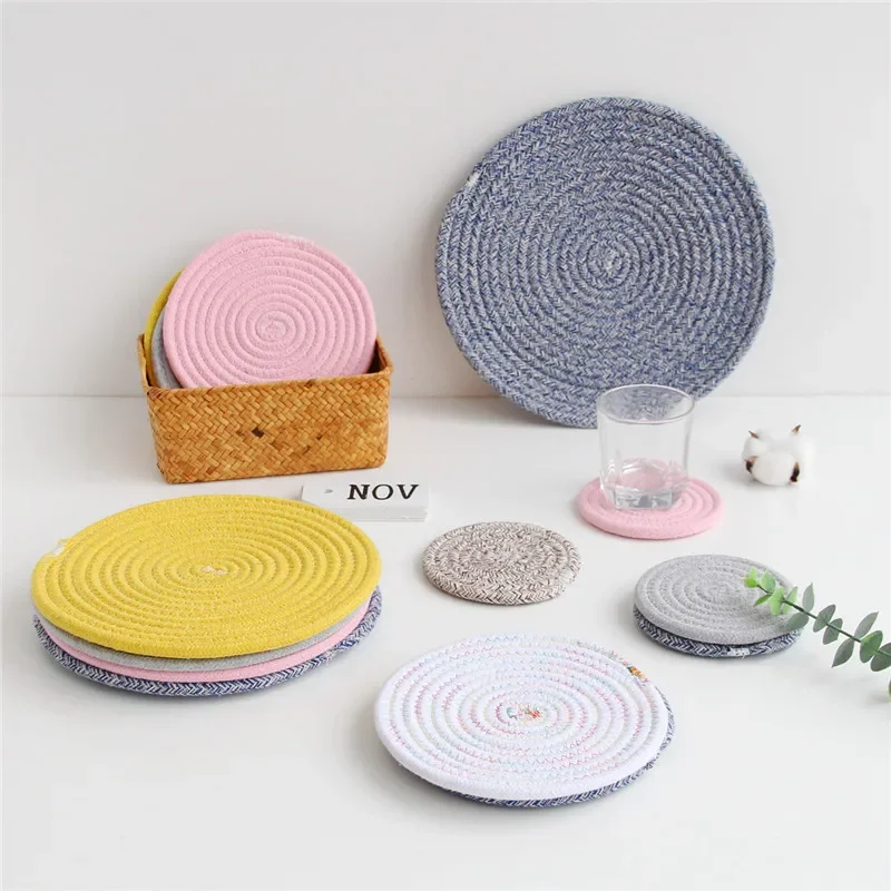 

Cotton Rope Handmade Placemat Woven Table Mats Napkin Tableware Drink Cup Coaster Insulation Pad Kitchen Dinner Home Decor