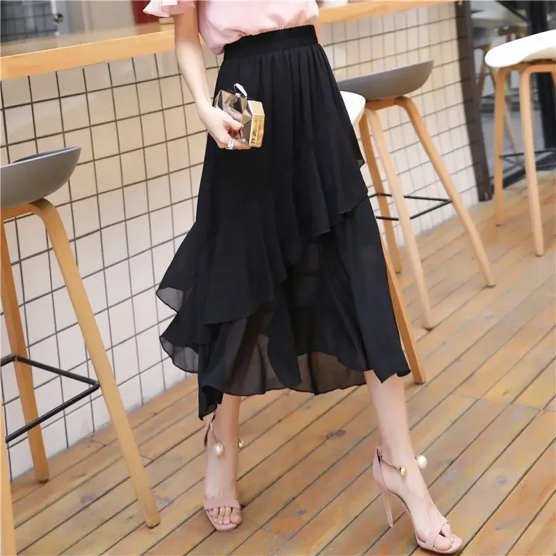 

Women's Casual Solid Color with Side Wrap Skirt Elegant High Waisted Women's Summer Asymmetrical Knee Length A-line Skirt P741