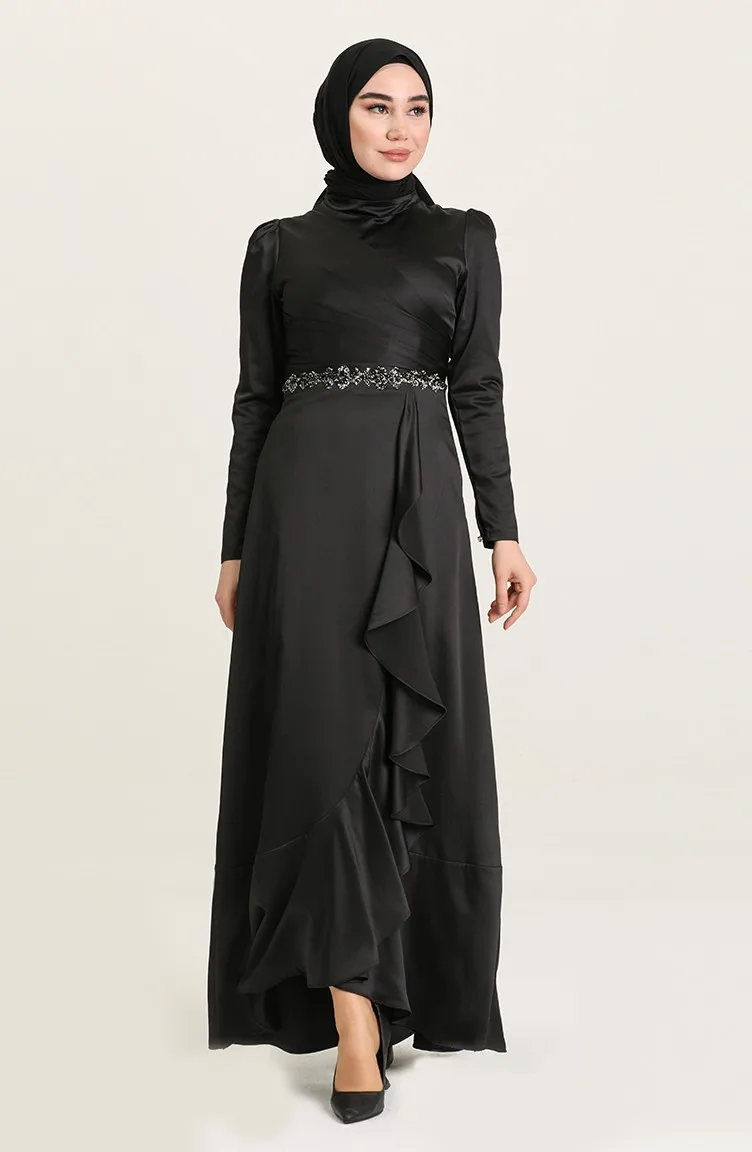 

Черное атласное платье с аппликацией, мусульманское вечернее платье с длинным рукавом, исламский хиджаб, бальное платье для выпускного вечера, женское арабское вечернее платье Дубая