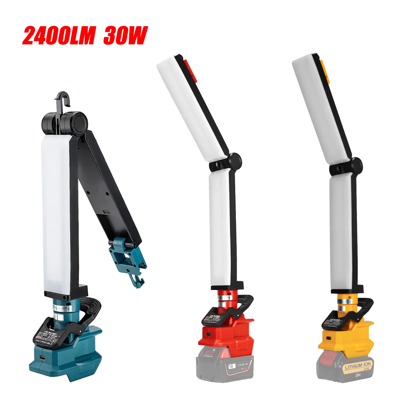 

2400LM 30W LED Work Light for Milwaukee/Dewalt/Makita 18V 20V Li-ion Battery Portable Outdoor Camping Flashlight Folding Lamp