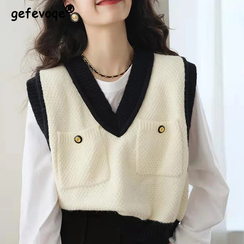 

Women Trendy Preppy Style Contrast Color Chic Knitted Sweater Vest Y2K Female Casual V Neck Sleeveless Loose Outewear Waistcoat