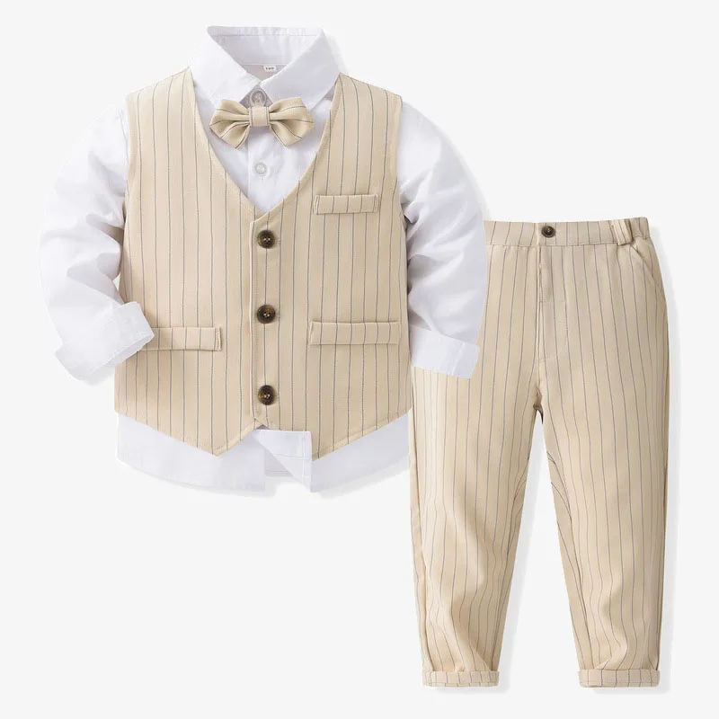 Formal Boys Suit for Wedding Bow Shirt + Stripe Vest + Trousers 3PCS Gentleman Suit Casual Kids Clothes
Formal Boys Suit for Wedding Bow Shirt + Stripe Vest + Trousers 3PCS Gentleman Suit Casual Kids Clothes