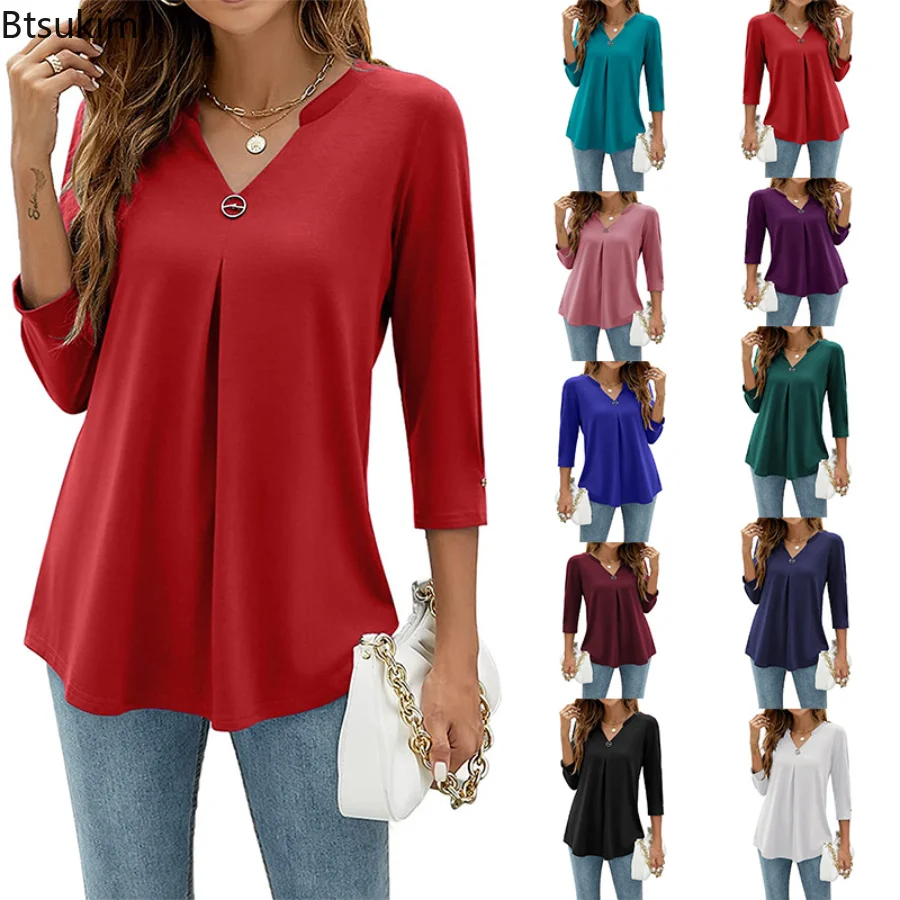 2023 Women's Casual Clothing Tops 3/4 Sleeve V Neck Studded Pleated T-Shirt Top Solid Loose Pullover Fashion Shirts Tops Female
2023 Women's Casual Clothing Tops 3/4 Sleeve V Neck Studded Pleated T-Shirt Top Solid Loose Pullover Fashion Shirts Tops Female