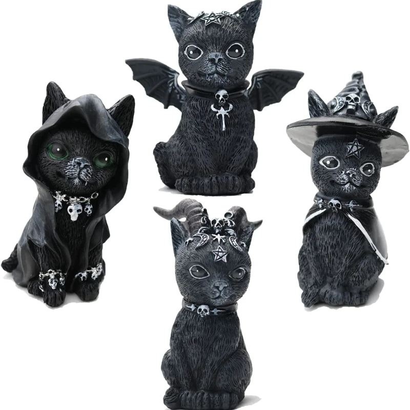 

Halloween Decorative Figurine Garden Witch Cat Sculpture Gothic Kitten Statue Black Magic Cat Owl Ornament Wizard Cute Miniature