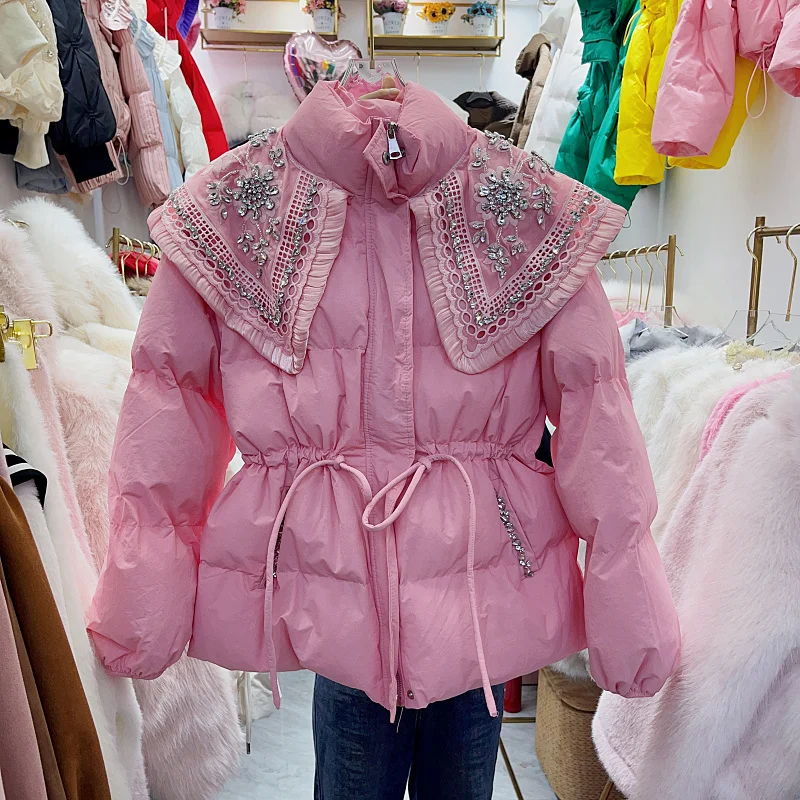 Winter Diamond Lace Shawl Design Splicing Stand Collar Drawstring Waist Down Coat Apricot Pink Casual Long-sleeve Women Parkas
Winter Diamond Lace Shawl Design Splicing Stand Collar Drawstring Waist Down Coat Apricot Pink Casual Long-sleeve Women Parkas
