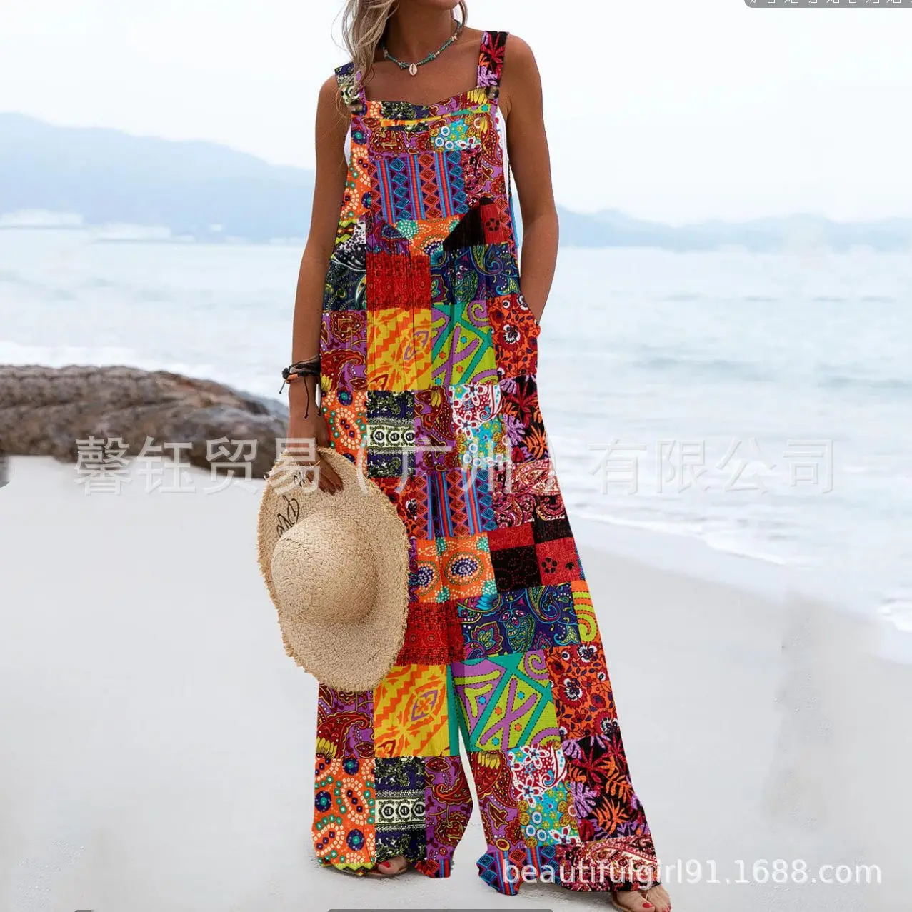 

Women's Playsuit 2024 Summer Overall Ethnic Style Cotton Hemp Button with Pockets Suspender Romper Wide Leg Loose Jumpsuit