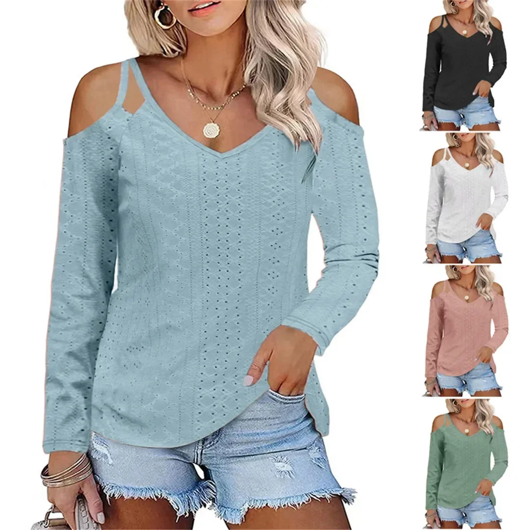 

Women's Top T-shirt Raglan Sleeves Fashionable Casual Sexy Spring 2024 New Solid Color V-neck with Off-the-shoulder Hollow