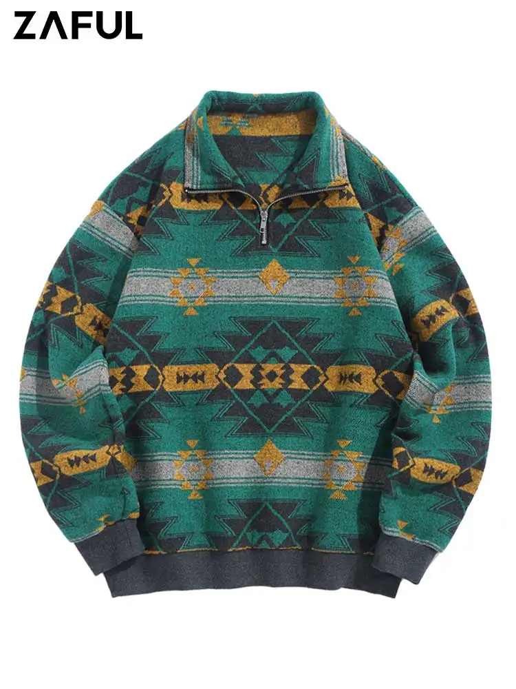

ZAFUL Turtleneck Sweatshirt for Men Jacquard Ethnic Aztec Pullover Hoodies Half Zip Contrast Trim Streetwear Sweatshirt Z5105879