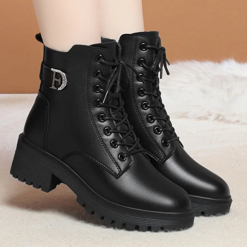 

Women's Soft Skin Thick Soled Short Boots 2024 British Style Lace Up Round High Heel Leather Fashion Martin boots Size 35-41