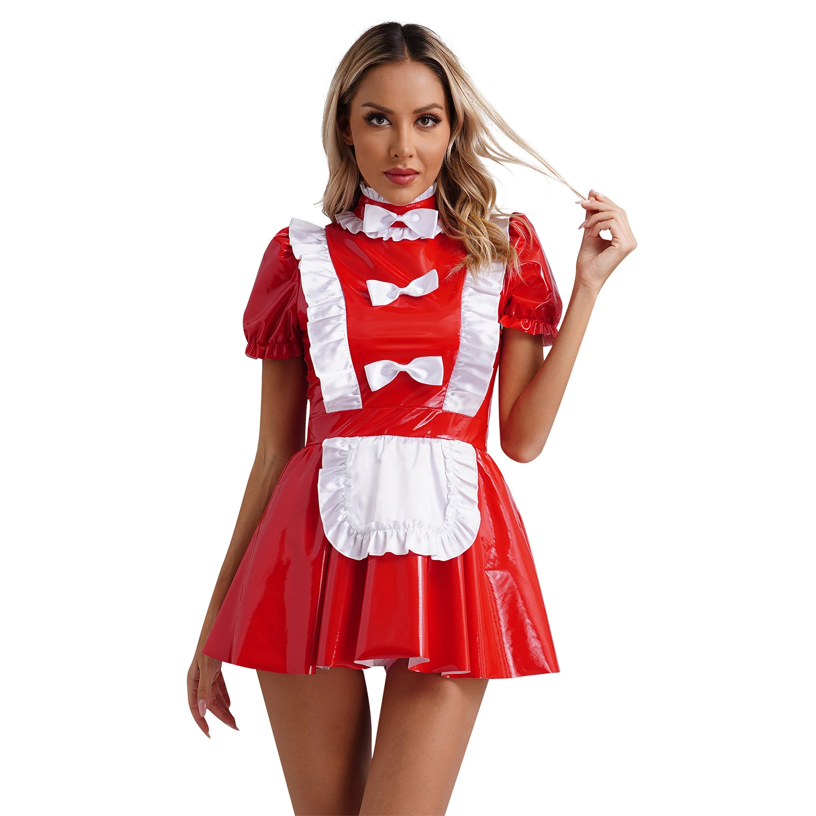 

Womens Naughty Maid Uniform Glossy Patent Leather Dress Ruffles Trims Bow Apron Short Puff Sleeve A-Line Dresses Cosplay Costume