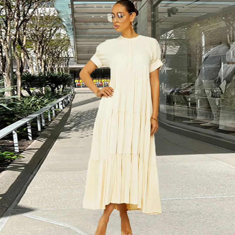 Casual Ruffles Maxi Shirt Dress Women Short Sleeve O-neck A-line Long Dresses Elegant Loose Shift Dress Vestidos De Verano Mujer
Casual Ruffles Maxi Shirt Dress Women Short Sleeve O-neck A-line Long Dresses Elegant Loose Shift Dress Vestidos De Verano Mujer