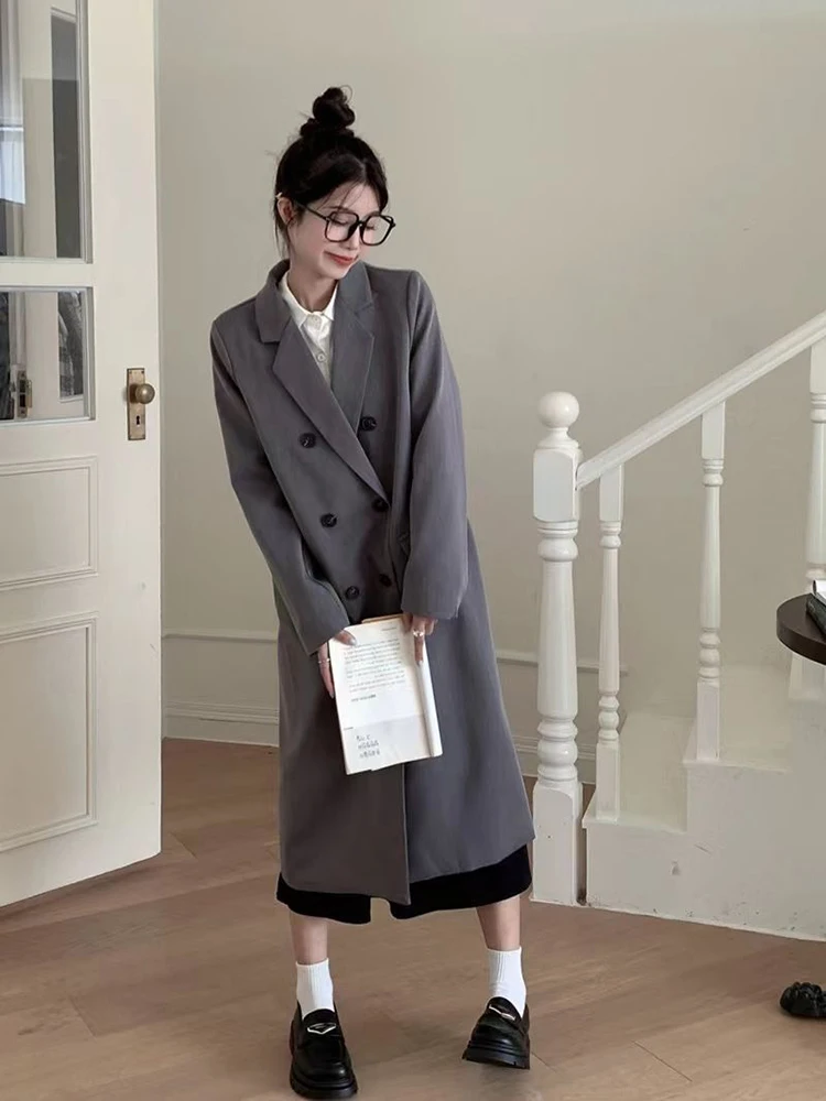 Jmprs Korean Women Grey Long Trench Elegant Preppy Style Casual Loose Suit Jacket Fall Long Sleeve Double Breasted Harajuku Top
Jmprs Korean Women Grey Long Trench Elegant Preppy Style Casual Loose Suit Jacket Fall Long Sleeve Double Breasted Harajuku Top