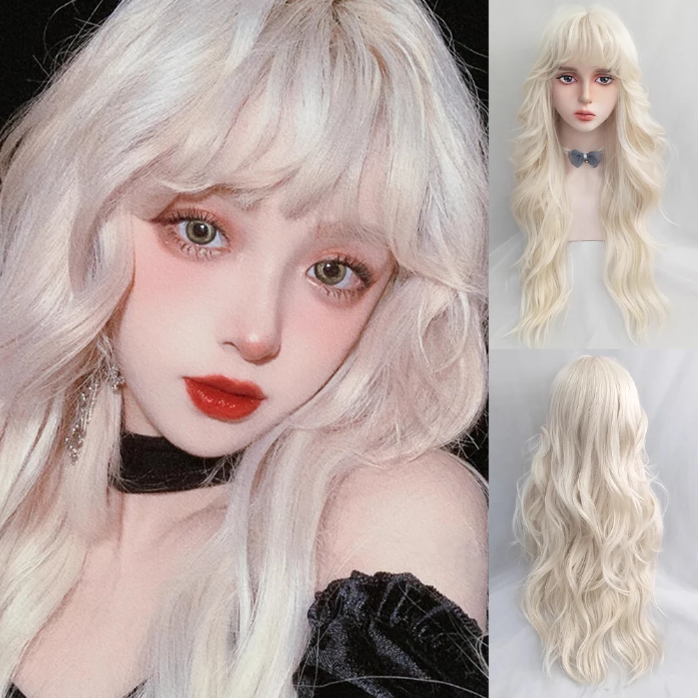 

White Blonde Blue Long Synthetic Wavy Curly Wig Natural Women Fluffy Lolita Cosplay Hair Wig Heat Resistant for Daily Party