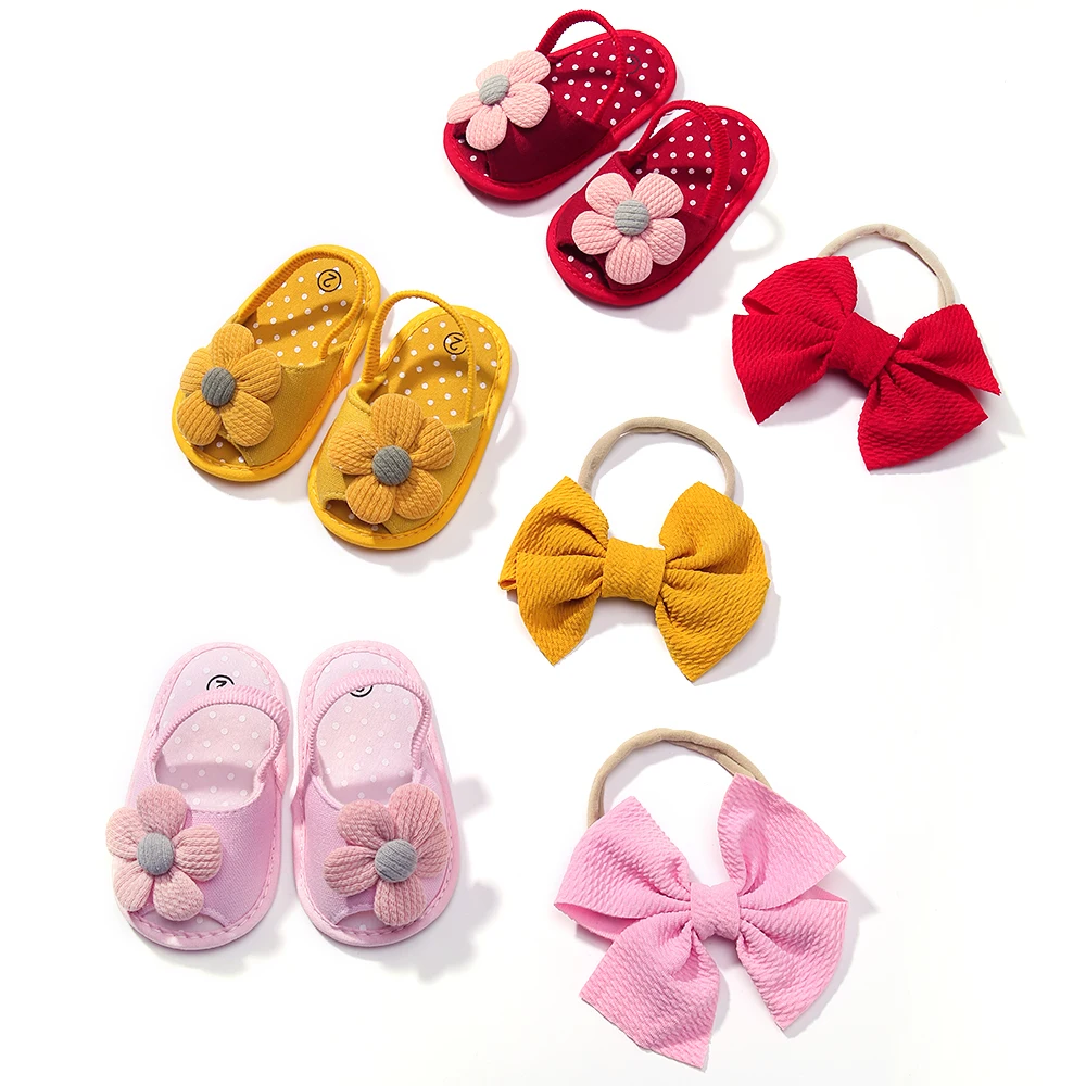 

0~12M Newborn Baby Flower Shoes Sandals Headband Set Kids Bows Anti Slip Toddler Infant First Walker Girls Soft Sole Shoes