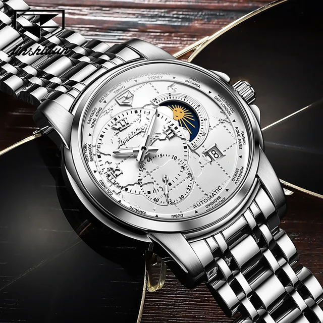 JSDUN-Montre-bracelet de Luxe pour Homme, existent, Mécanique, Étanche, Indépendant, Seconde Main, Phase Solaire, Affichage de la Date 2