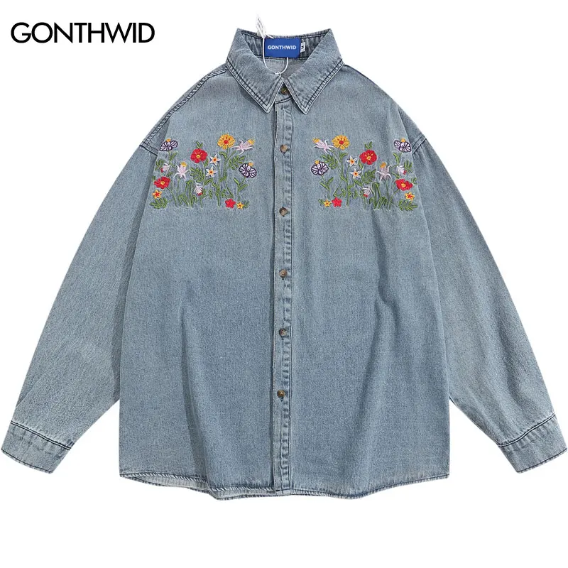 Harajuku Denim Shirt Coats Y2K Men Embroidery Flowers Floral Long Sleeve Jean Jacket Streetwear Hip Hop Cotton Loose Shirts Blue
Harajuku Denim Shirt Coats Y2K Men Embroidery Flowers Floral Long Sleeve Jean Jacket Streetwear Hip Hop Cotton Loose Shirts Blue