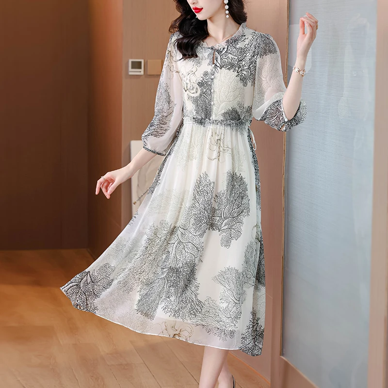 

Женское летнее платье Coigarsam 2024, шифоновое шелковое платье с рукавом три четверти, рукавами-фонариками и круглым вырезом, цветные платья с цветами