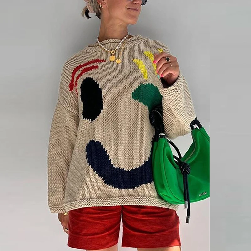 Fashion Funny Smile Crochet Knitwear Top Women Sweater Autumn O-neck Loose Pullover New Winter Long Sleeve Femme Jumper Harajuku
Fashion Funny Smile Crochet Knitwear Top Women Sweater Autumn O-neck Loose Pullover New Winter Long Sleeve Femme Jumper Harajuku