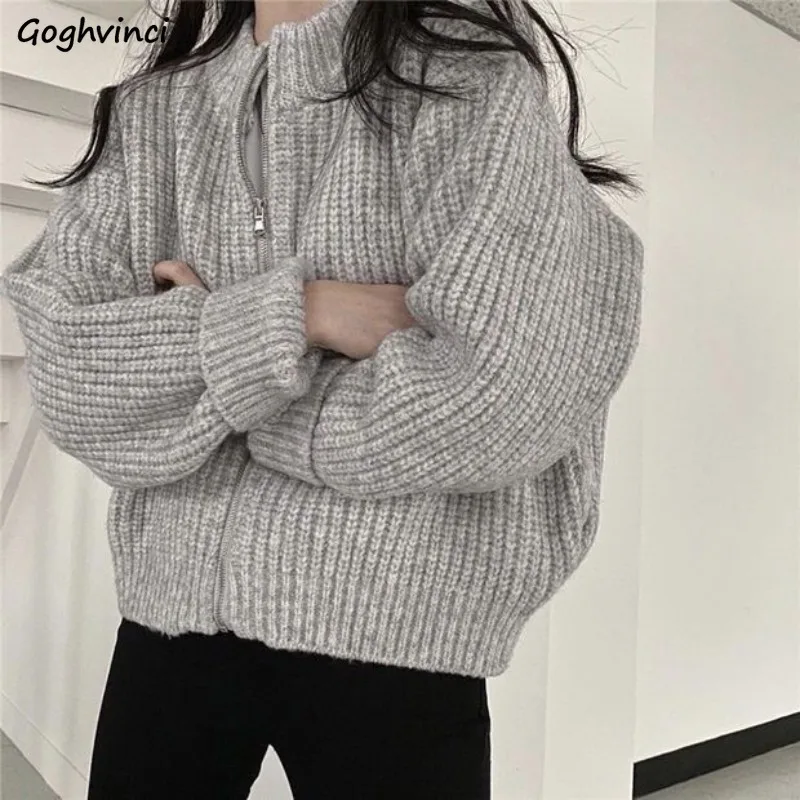 

Solid Cardigan Women Knitting Short Zipper O-neck Gentle All-match Autumn Winter Coats Loose Slouchy Korean Style Female Chic