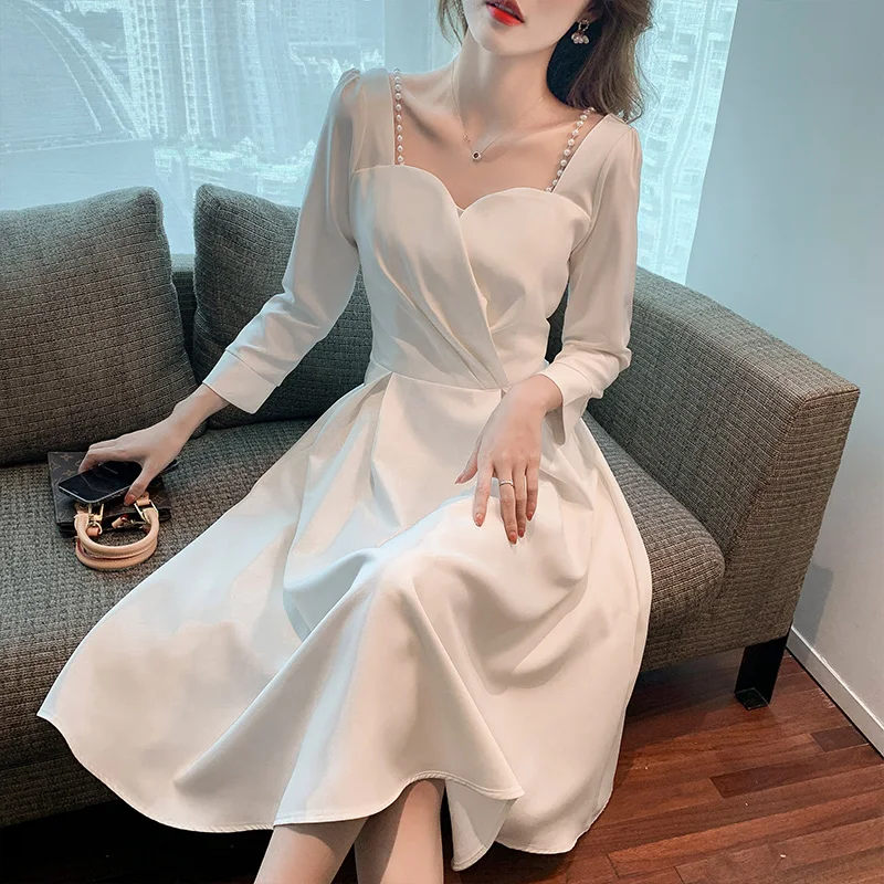 

2022 Brand Luxury Designer Clothing Women Dress Pearl Suspender Lolita Princess Party Uniform Sweet Pleated A-Line Midi Vestidos