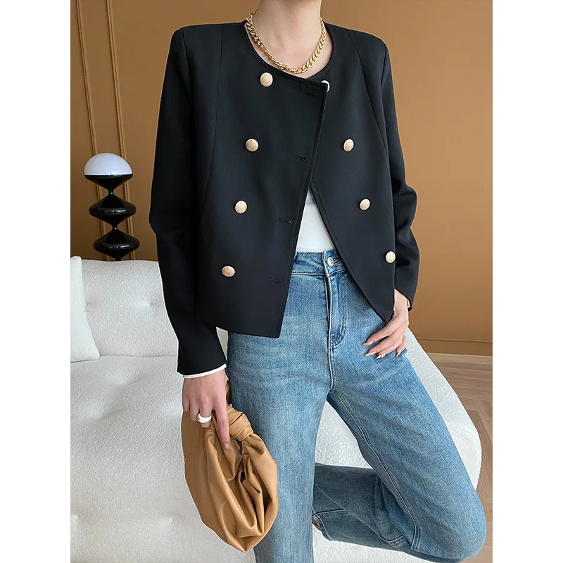 

Women Commuter Small Fragrance Double-row Gold Button Pink Coat Spring New Casual O Neck Basic Black Korea Chic Short Coat Women