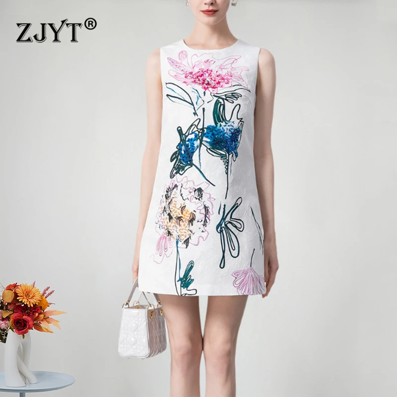

ZJYT Women's Floral Print Tank Dress Summer 2024 Runway Designer Sleeveless Beading Jacquard Dresses Casual Above Knee Vestidos