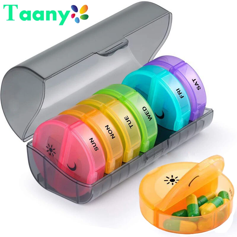 

14 Grids Detachable Pill Box Travel Weekly Rainbow Round Pill Case Portable 7 Days Medicine Tablet Organizer Container Dispenser