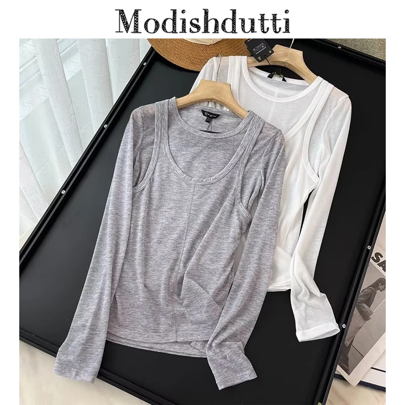 

Modishdutti 2024 Autumn High Quality Women Fashion Loose O Neck Knitted T-Shirt Female Solid Casual Long Sleeve Pullover Tee Top