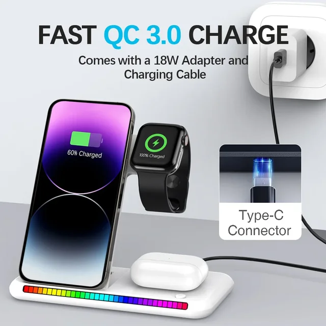 Support de chargeur sans fil rapide LED, station de charge pliable 3 en 1, iPhone 15, 14, 13, 16, Apple Watch 9, 8, 7, 6, 5, Airpods Pro, 100W 2