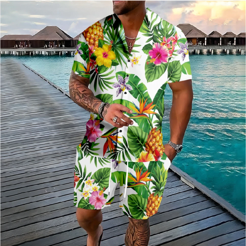 

Гавайская одежда для отпуска Пальма ананас Цветочные пуговицы рубашки шорты цветные комплекты уличная одежда спортивный костюм Повседневная пляжная мужская одежда