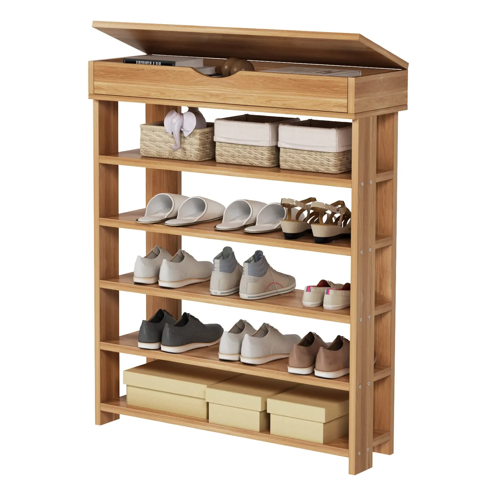 

Teak Shoe Haven: 5-Tier Wooden Shoes Rack with Storage Compartment, 29.5 inches Free-Standing