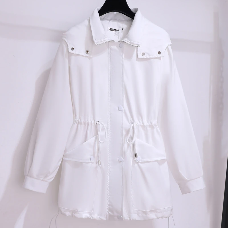 

Весна-Осень 2023 женский белый Тренч средней длины куртки на молнии с капюшоном в британском стиле свободные пальто женская одежда