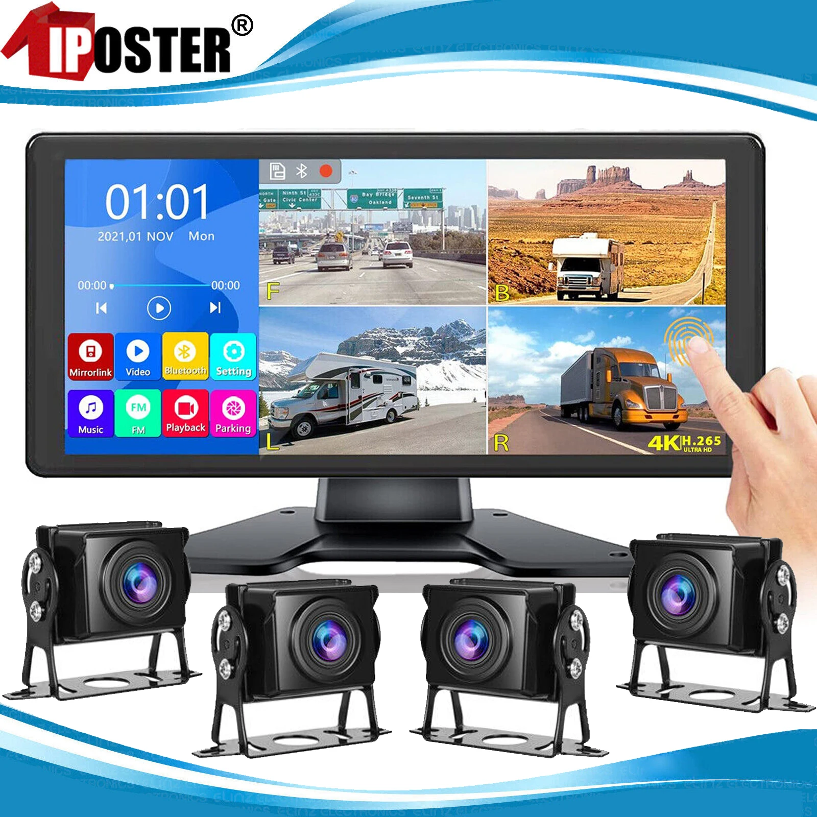 

iPoster 10.36" Touch Screen Monitor DVR Bluetooth FM MP5 with 4x 4PIN AHD 1080P Rear View Cameras 12-36v For Truck Rv Caravan