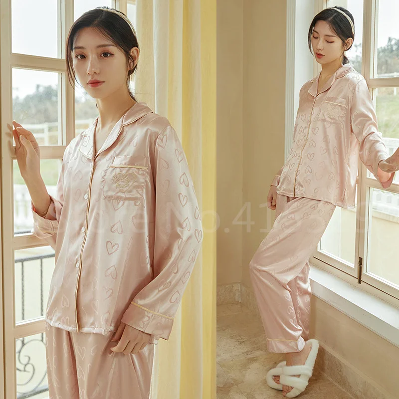 

Print Sweet Heart Pajamas Suit Women Silkly Sleepwear Long Sleeve Shirt&pant 2Pcs Nightwear Rayon Loungewear Home Clothes