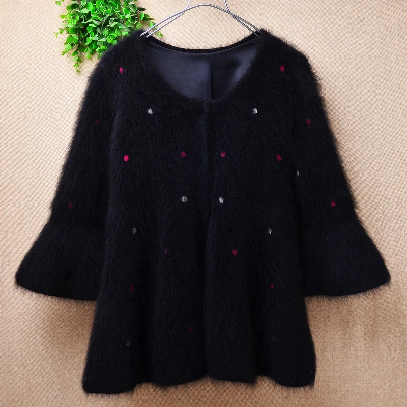 

Female Women Fall Winter Thick Warm Hairy Mink Cashmere Knitted Three Quarter Sleeves Slim Cardigans Angora Fur Jacket Sweater