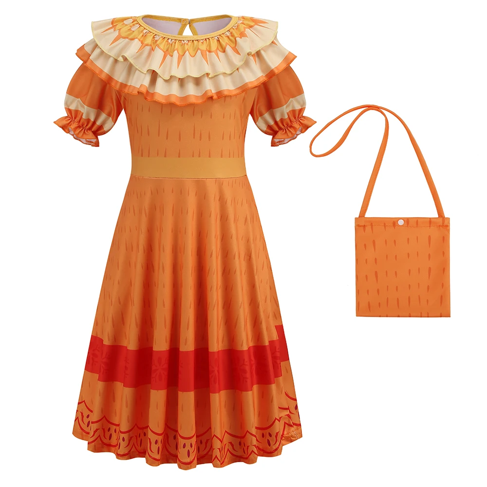 

2022 New Movie Encanto Pepa Dress with Bag for Girls Madrigal Encanto Party Costume Kids Summer Orange Ruffles Frocks 2-10 Years