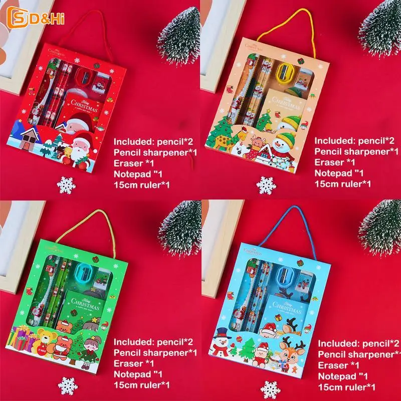 

6Pcs/set Christmas Series Kids Stationery Students Ruler Pencil Eraser Pencil Sharpener Notepad Kit School Rewards Supplies