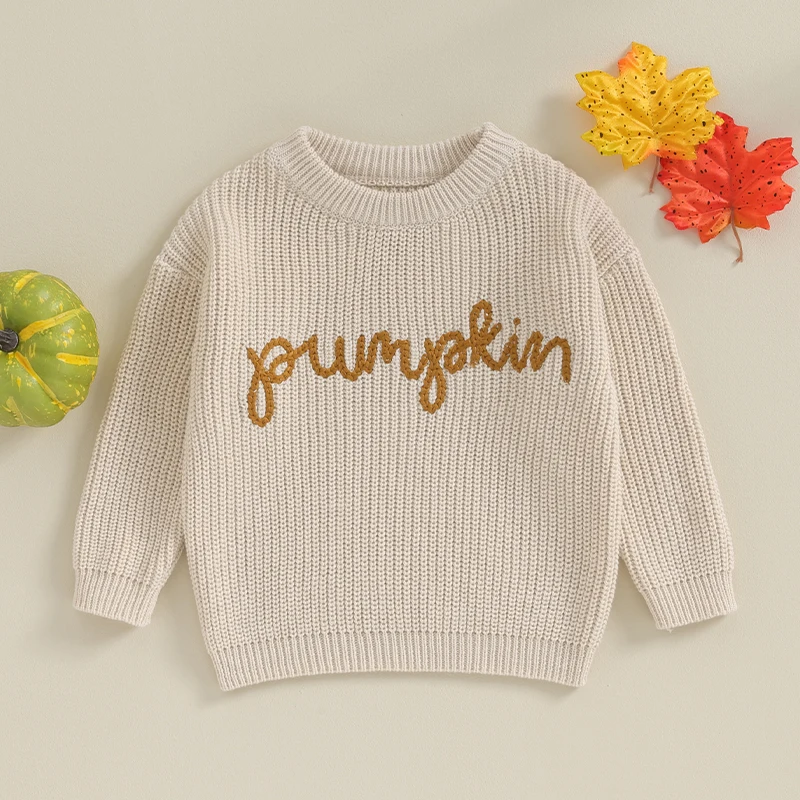 

Toddler Girls Autumn Winter Knit Sweater Long Sleeve Crewneck Letter Embroidery Pullover Knitwear