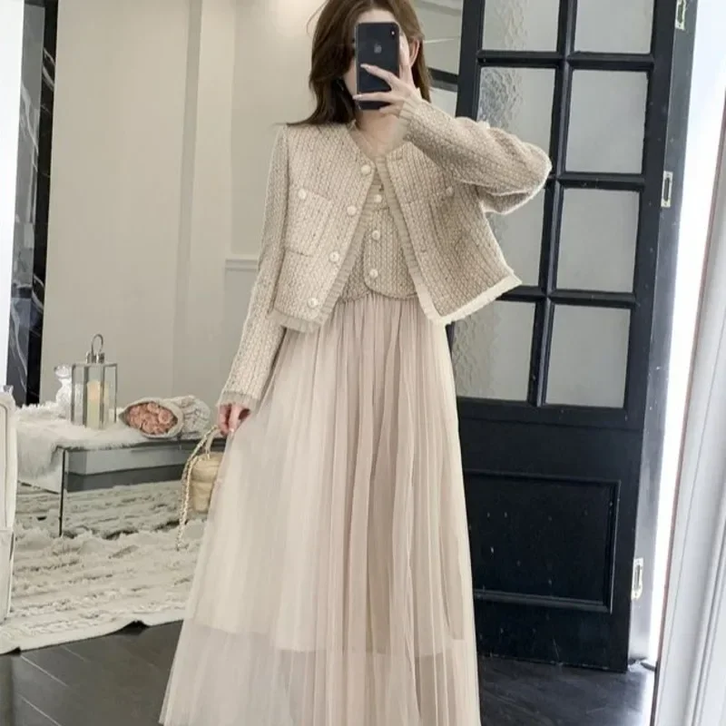 Женский твидовый комплект из двух предметов, короткий пиджак на тонких бретельках и Сетчатое платье в стиле пэчворк
Женский твидовый комплект из двух предметов, короткий пиджак на тонких бретельках и Сетчатое платье в стиле пэчворк